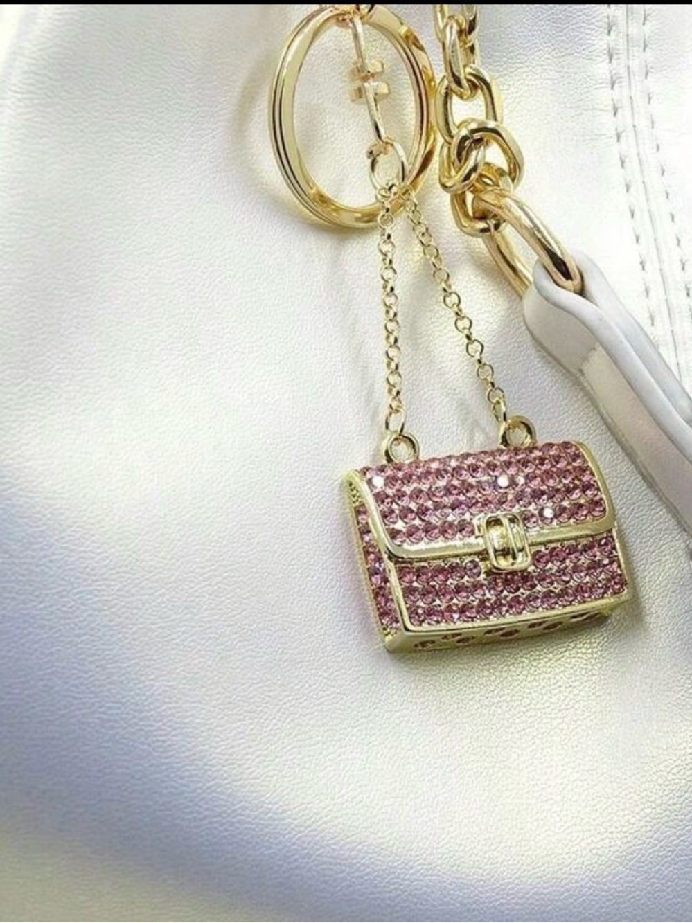 Gold-Tone Pink Crystal Mini Purse Keychain Charm